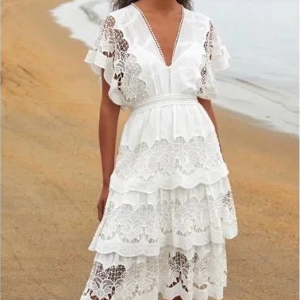 Farm Rio White Richelieu Tiered/Layerd Midi Dress
